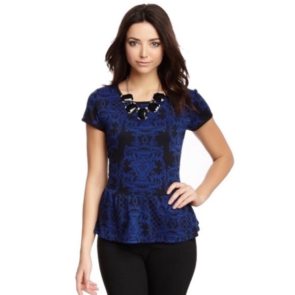 Romeo + Juliet Couture Cobalt Peplum Pattern Top Size Medium - Picture 1 of 7